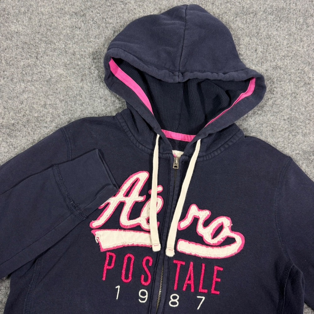Y2K Aeropostale Hoodie Zip Up Graphic Logo Womens M Navy Blue Cotton Blend EUC